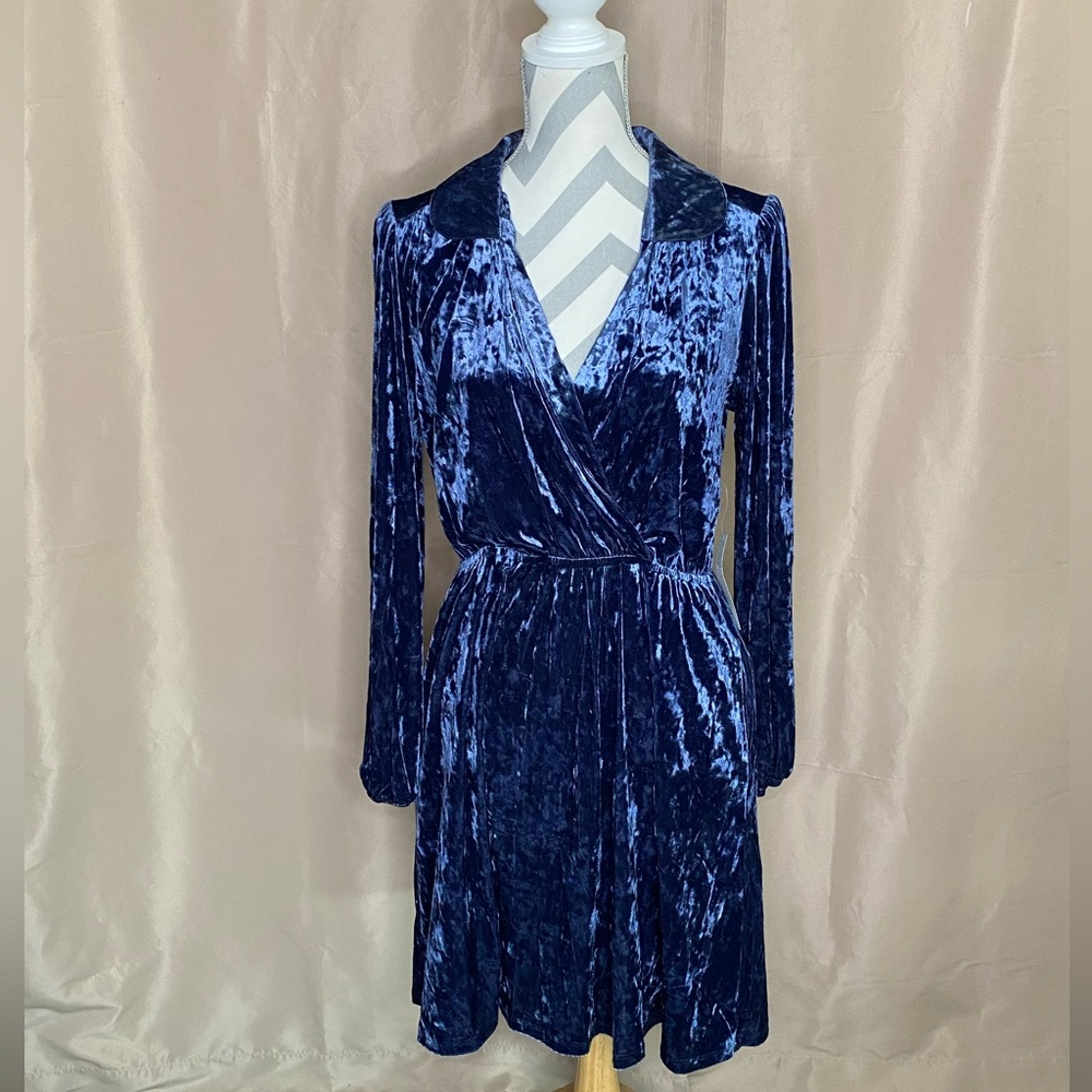 New ModCloth Large Blue Velvet Long Sleeve Dress